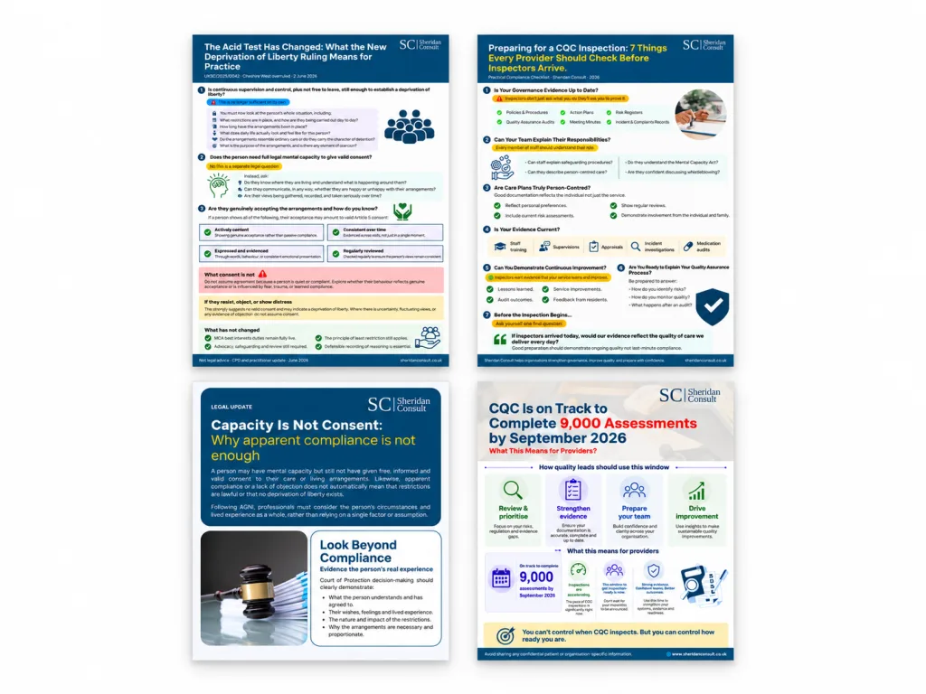 Four Sheridan Consult practitioner infographics on CQC inspection and Deprivation of Liberty
