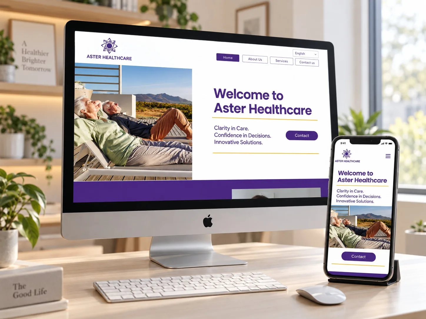 Aster Healthcare website shown on an iMac and iPhone
