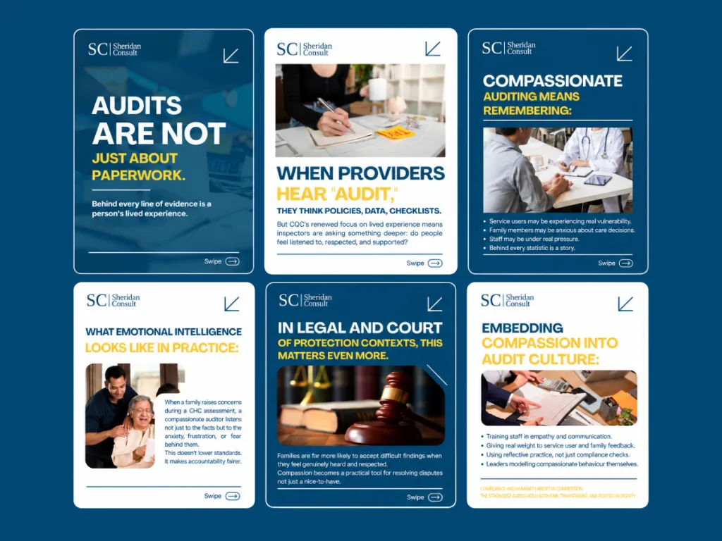 Sheridan Consult LinkedIn carousel on compassionate auditing, six slides