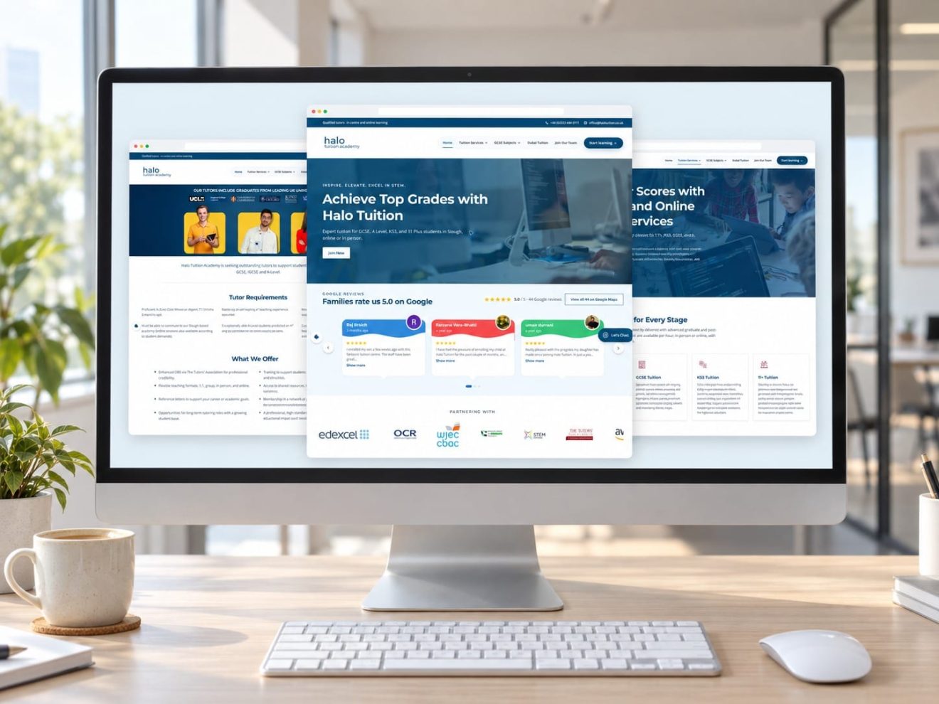 Halo Tuition Academy website shown on a desktop monitor, including the homepage and Google reviews section