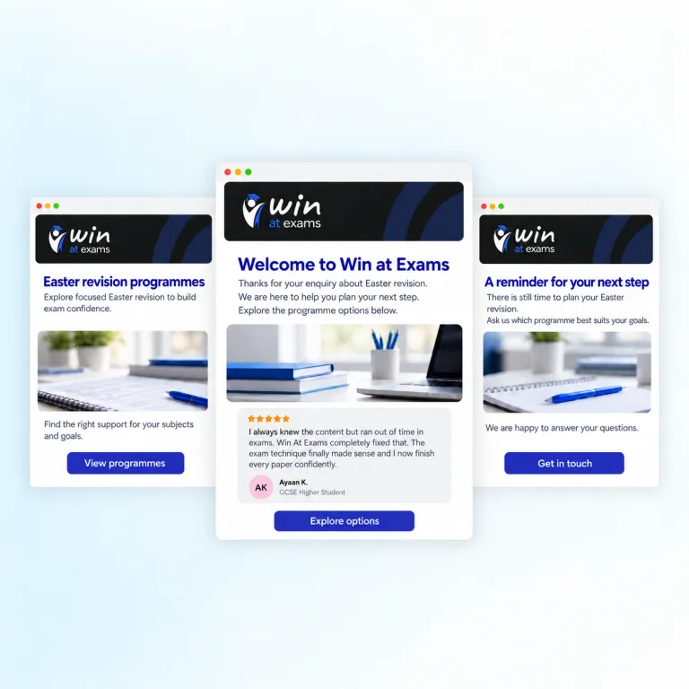 Three Win at Exams nurture emails: programmes, welcome and reminder
