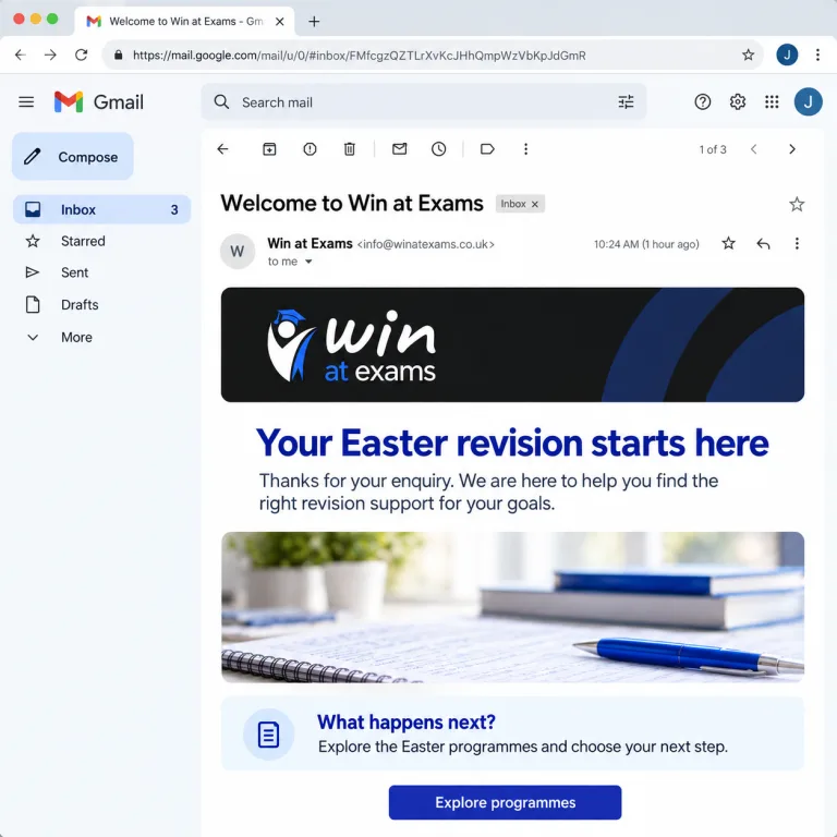 Win at Exams welcome email as received in a Gmail inbox