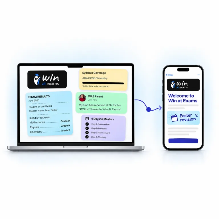 Win at Exams automated email journey shown on laptop and mobile