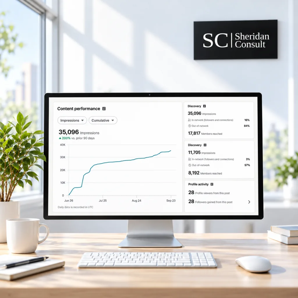 Sheridan Consult LinkedIn analytics dashboard showing 35,096 impressions