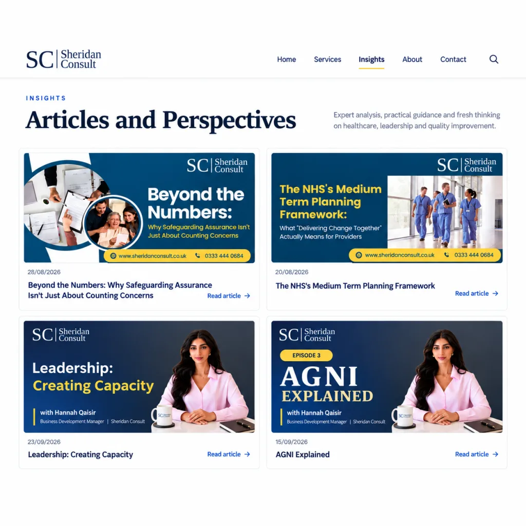 Sheridan Consult Insights page showing published articles and perspectives