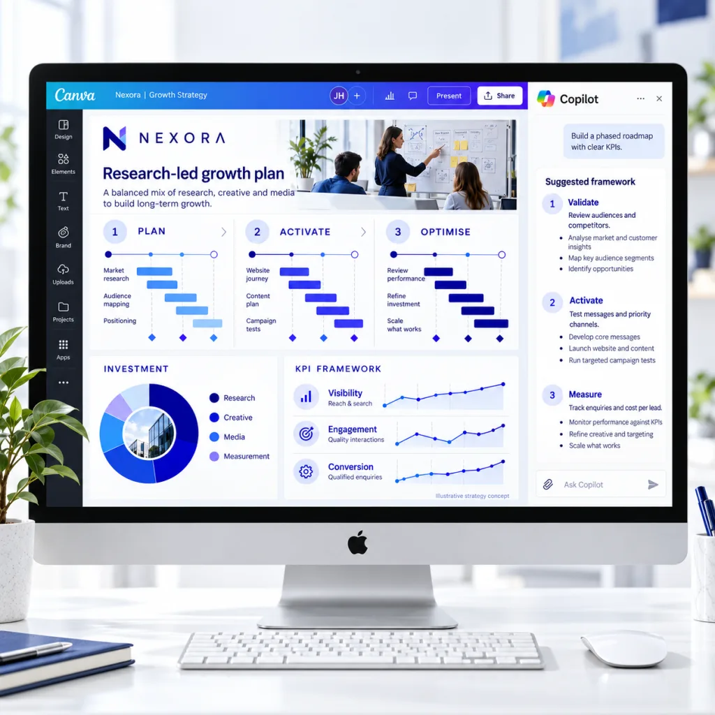 Nexora research-led growth plan with phased roadmap, investment split and KPI framework