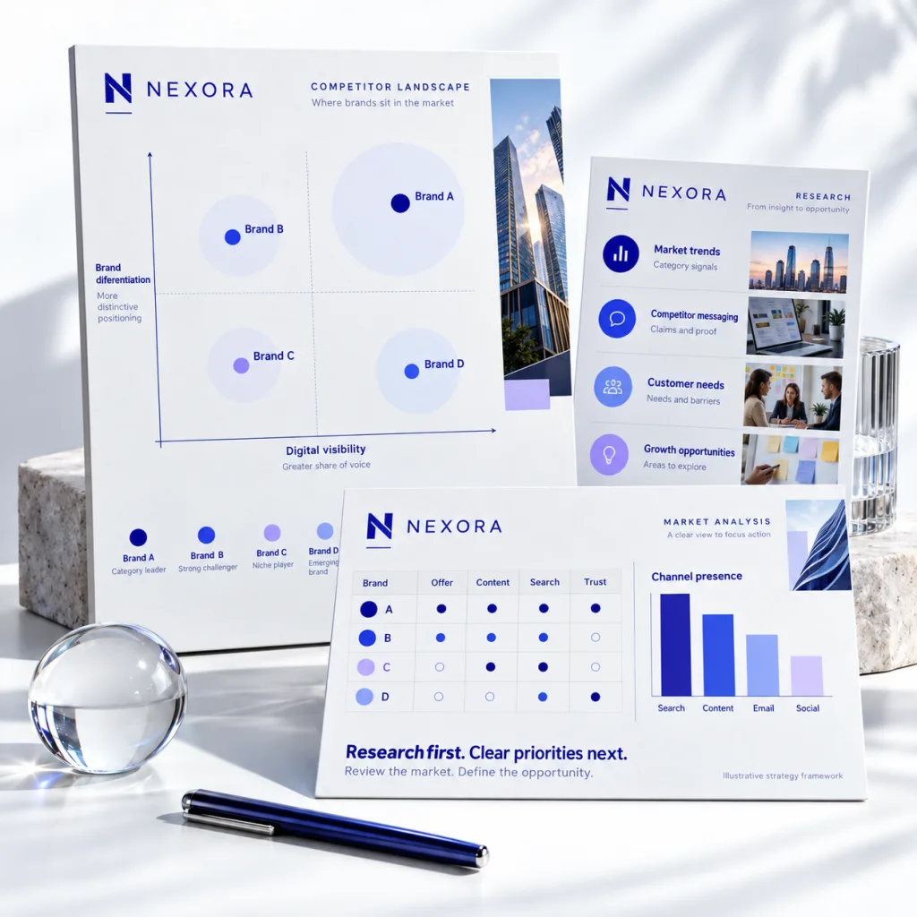 Nexora competitor landscape, research and market analysis boards