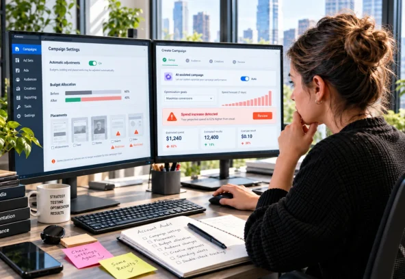 A woman at a desk with her hand at her chin, reviewing campaign settings and a spend alert on two monitors, beside an account audit notebook and sticky notes.
