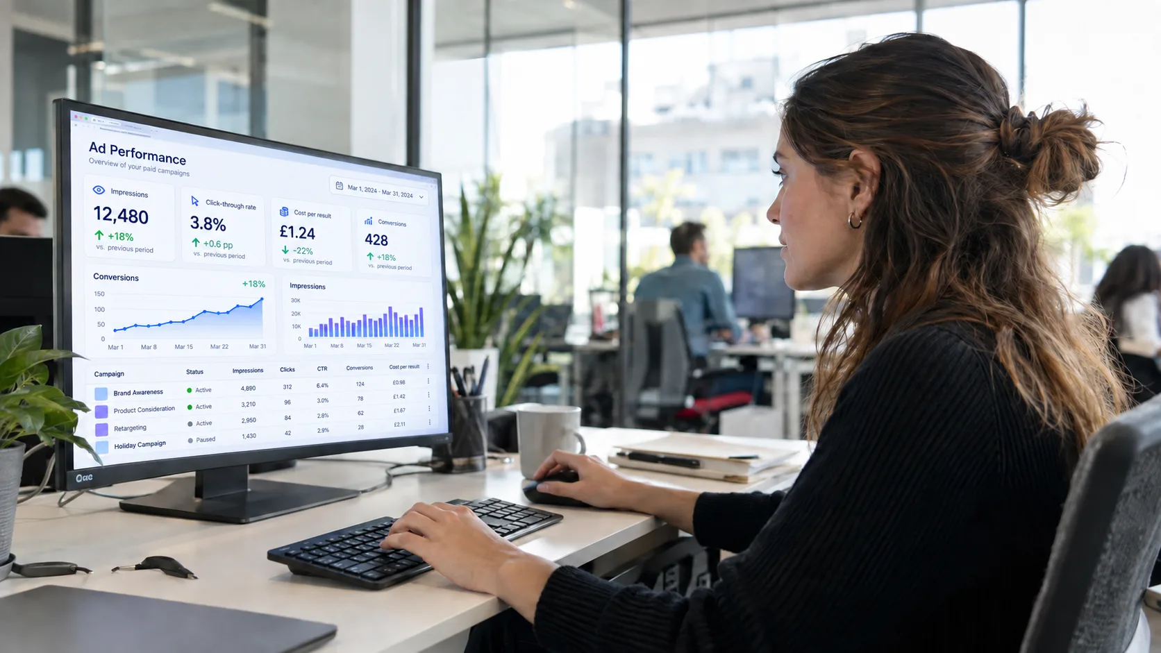 A woman at a desk looking at a monitor showing an Ad Performance dashboard with impressions, click-through rate, cost per result, conversions and a campaign table.