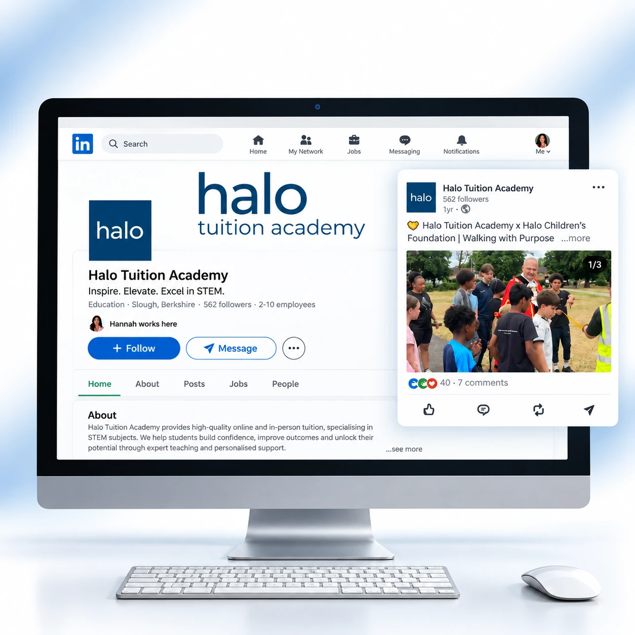 Halo Tuition Academy LinkedIn page shown on a desktop monitor
