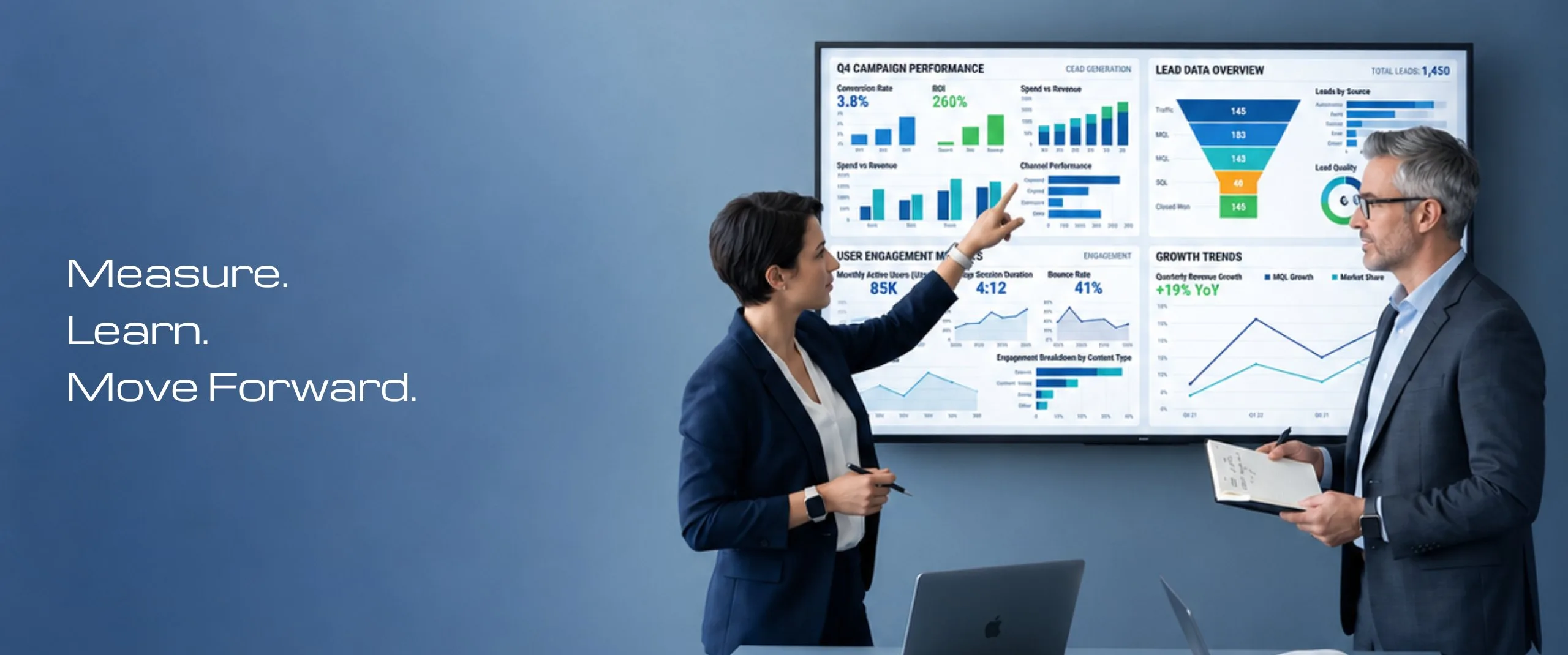 "Measure. Learn. Move Forward." Two people reviewing a wall-mounted screen showing campaign performance, lead data and growth trend dashboards.