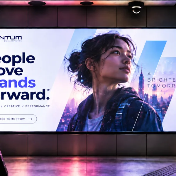 Quantum Digital Marketing billboard in a busy transit station reading "People Move Brands Forward", with a young woman and a city skyline beside the tagline "A Brighter Tomorrow".