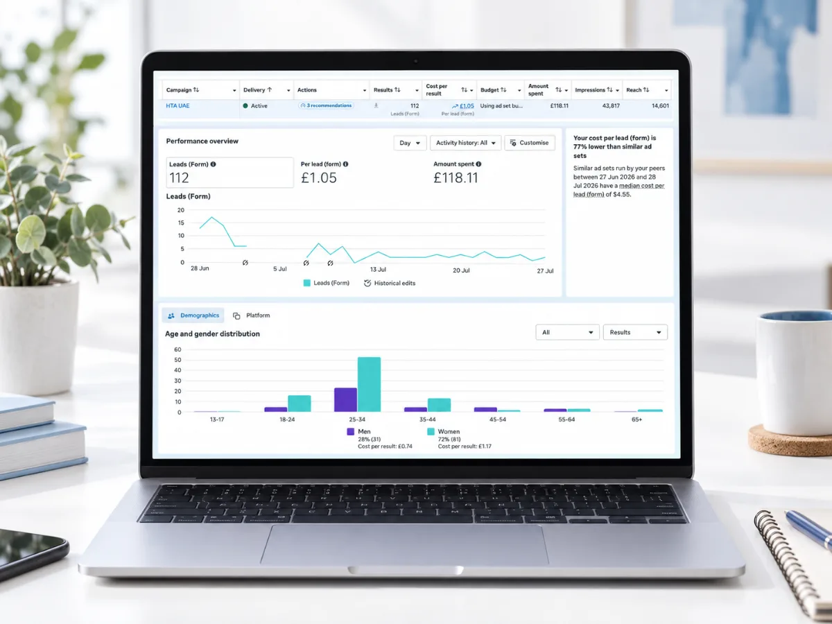 Meta Ads Manager lead campaign showing 112 leads, £1.05 cost per lead and £118.11 spend