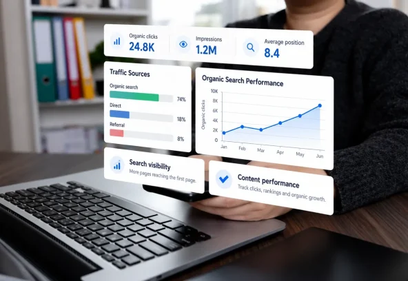 SEO performance dashboard showing organic clicks, impressions, average position and traffic sources above a laptop