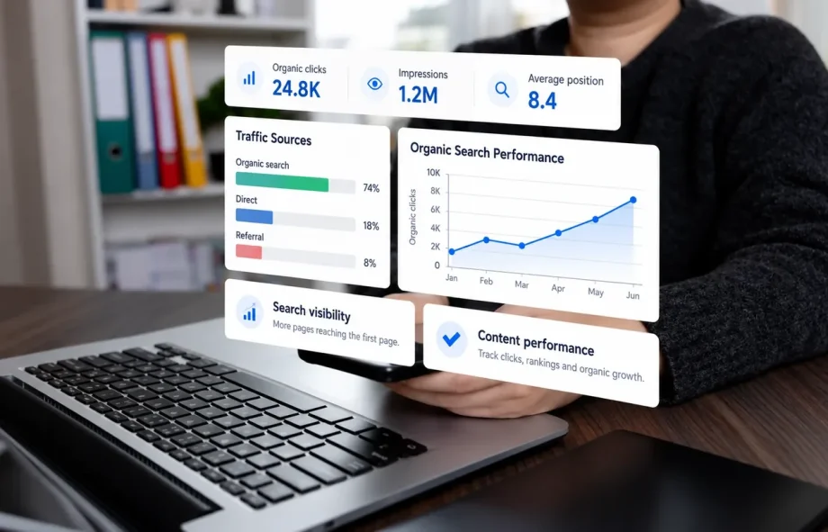 SEO performance dashboard showing organic clicks, impressions, average position and traffic sources above a laptop