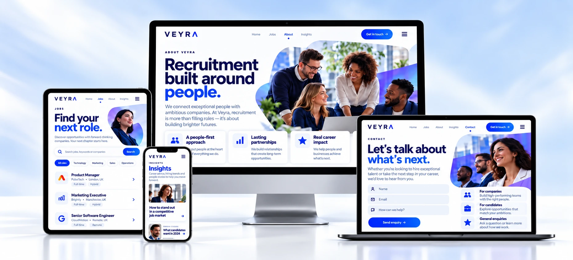 Veyra recruitment website shown on a desktop, laptop, tablet and phone, with responsive jobs, insights and contact pages.