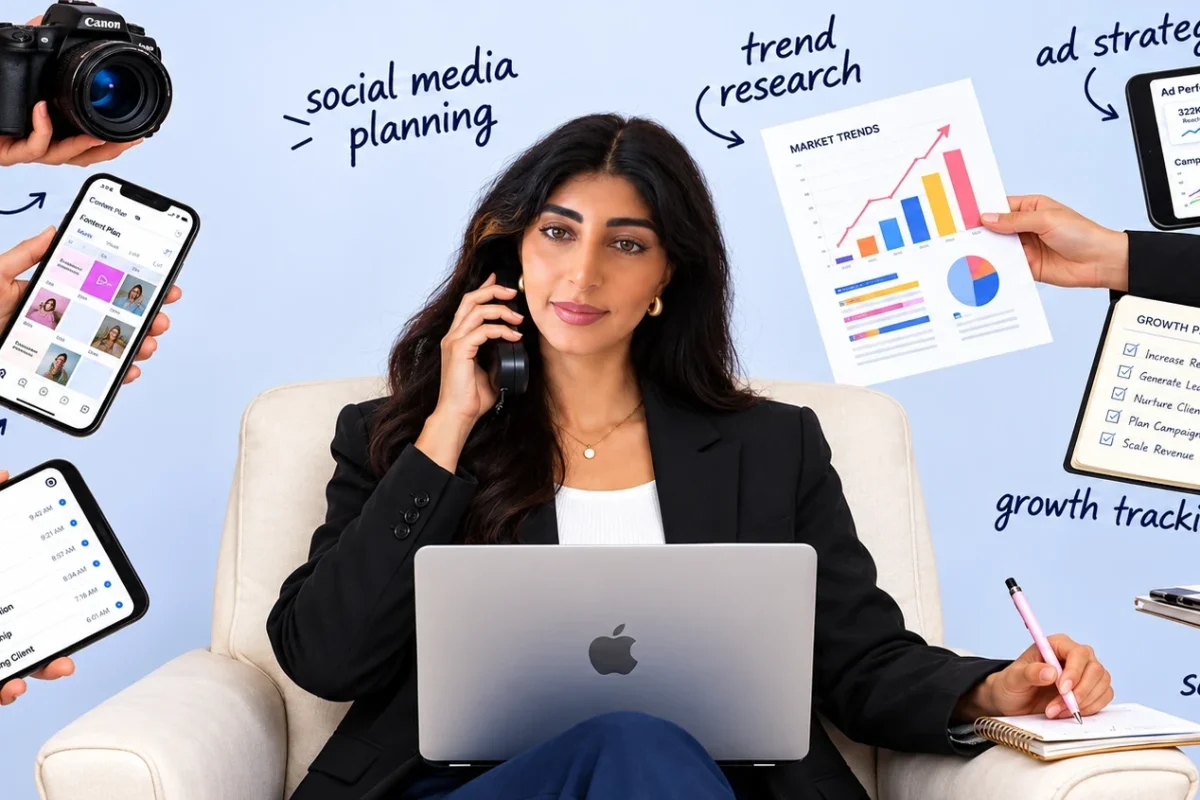 Woman on the phone with a laptop, surrounded by hands representing content shoots, ad strategy, customer replies, trend research, growth tracking and sales calls.