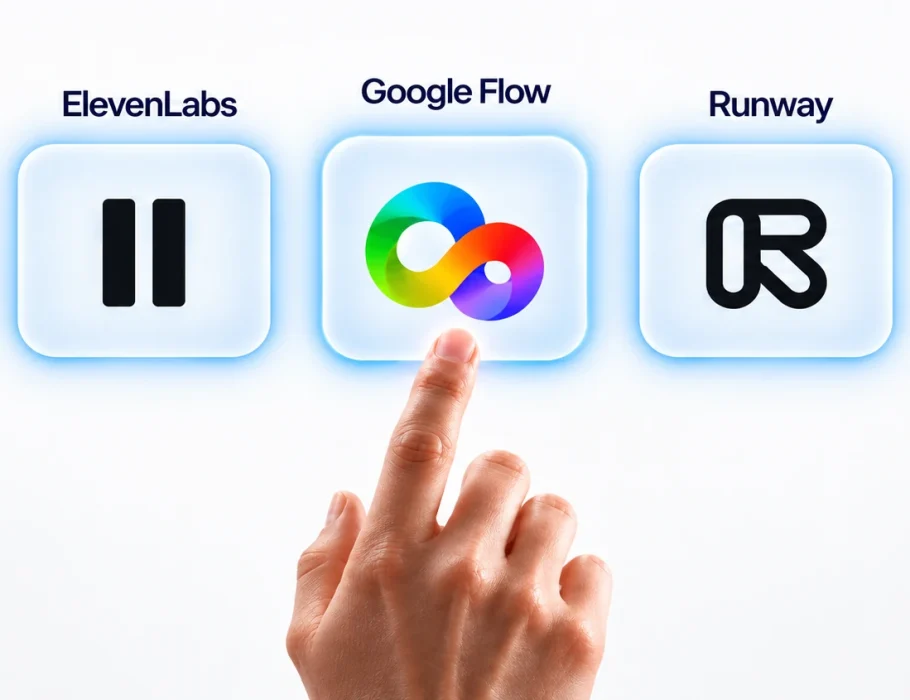 Hand selecting the Google Flow icon among AI tool icons for ElevenLabs, Google Flow and Runway.