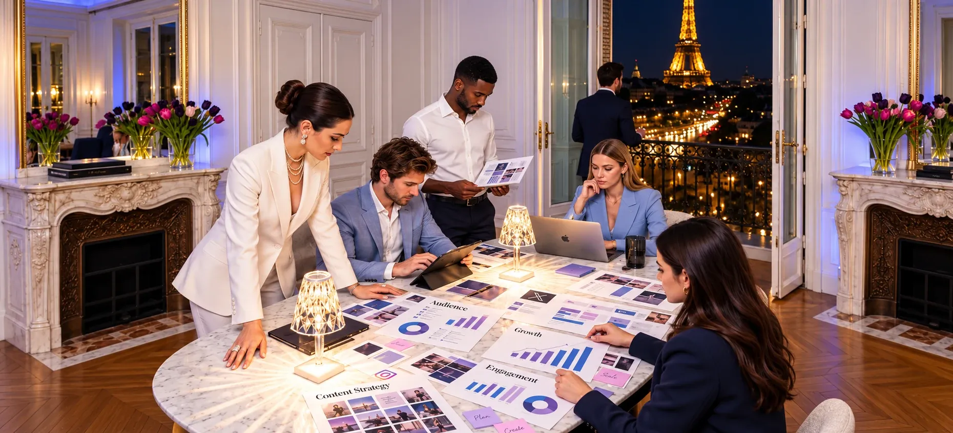 Team reviewing content strategy, audience, reach and engagement documents around a table, with a view of the Eiffel Tower at night.